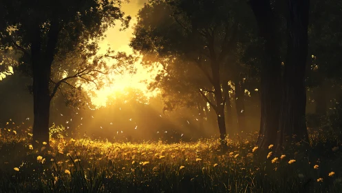 Golden sunrise light flooding wildflower forest clearing.
