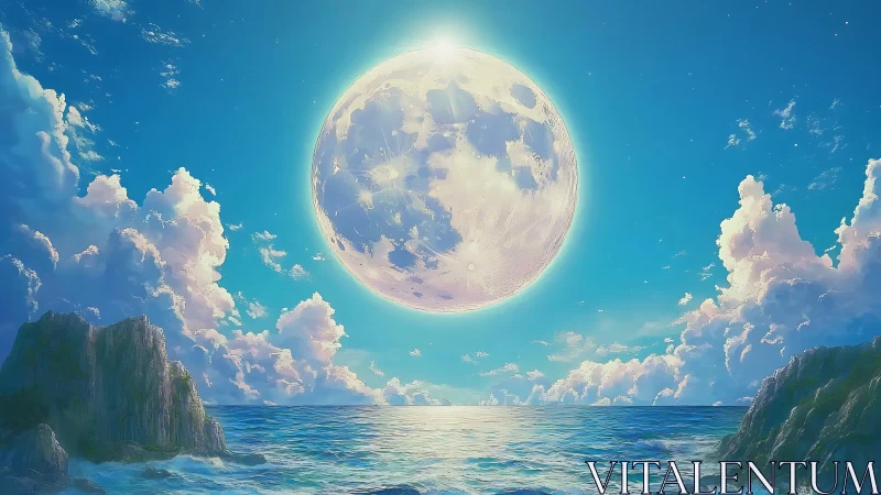 Moonrise over emerald tides in a cotton-candy sky.