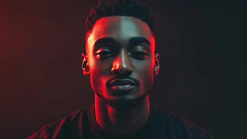 Portrait of man in mixed red and teal studio lighting.