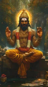Golden-robed serene guru by a luminous forest waterfall.