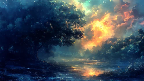 Skyfire riverdream where twilight trees guard the glow.