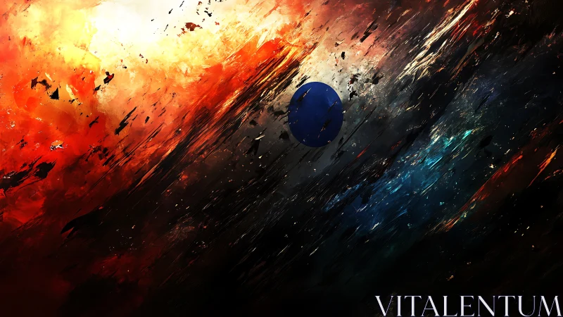 Blue planet silhouette cuts across diagonal fiery nebula