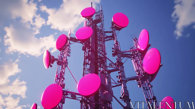 Telecom tower holds bright pink circular antenna dishes