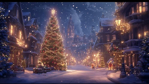 Snowlit Christmas boulevard wrapped in golden fairy lights.