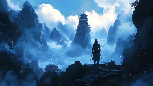 Lone wanderer gazes toward a misty mountain temple ahead.