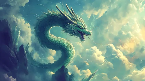 Serpentine dragon form occupies central position among clouds