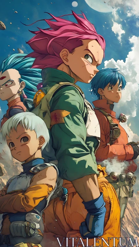 Defiant anime heroes stand united beneath a vast alien sky