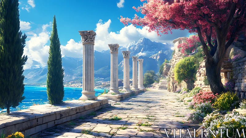 Mediterranean colonnade with floral ruins under alpine horizon.