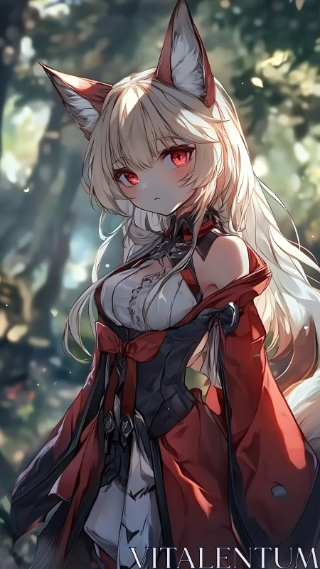 Fox-eared anime girl in red cloak under soft forest bokeh