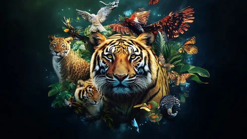 Tiger and tropical wildlife cluster in dark digital scene.
