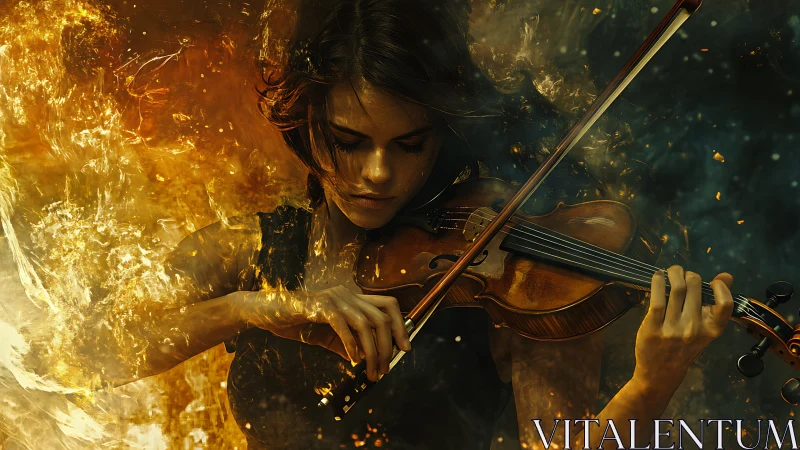 Fiery digital portrait of focused woman playing violin.