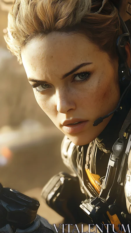 Battle-ready sci-fi heroine in sunlit tactical exosuit.