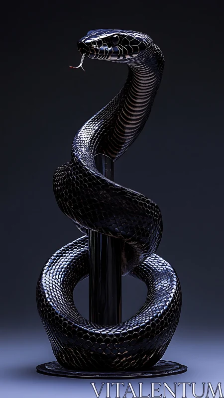 Coiled black snake sculpture on cylindrical pedestal base.