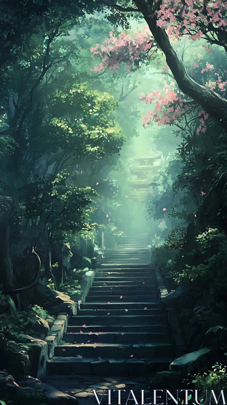 Sunlit stone stairway winds through serene blossom forest.