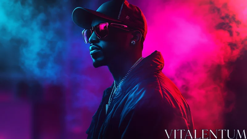 Cool-toned neon portrait of man in cap and jacket.