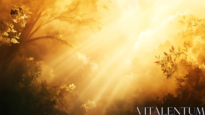 Sunlit forest veil where golden dawn pours like fire.