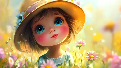 Sunlit child with blue eyes dreams among meadow flowers.