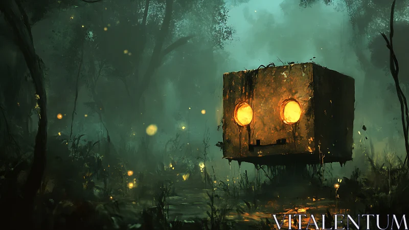 Boxy robot head glows in misty swamp forest at night