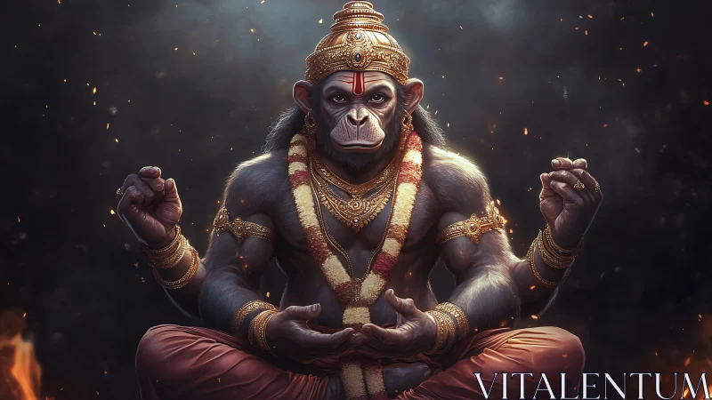 Digital painting of divine simian yogi in radiant meditation pose.
