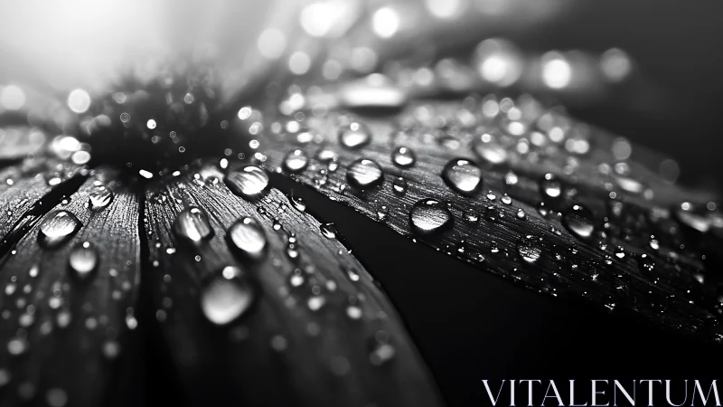 Glistening raindrops on monochrome flower petals at dawn.