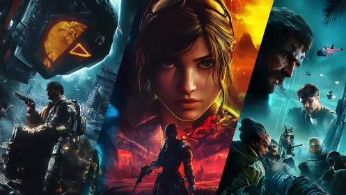 Bold sci fi heroes stepping into neon drenched battle worlds.