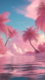 Chromatic tropical lagoon with pink palm canopy and mirrored water