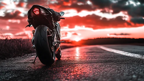 Sportbike waits on open road under blazing red sunset sky
