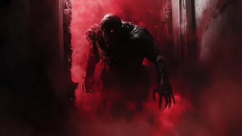 Shadow creature emerges through red smoke in narrow corridor