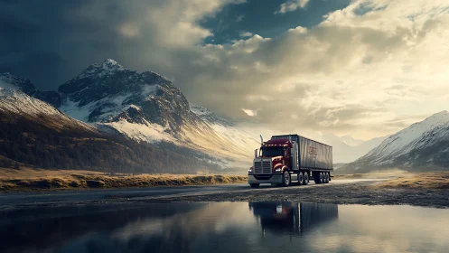 Red freight truck drives beside reflective alpine lake