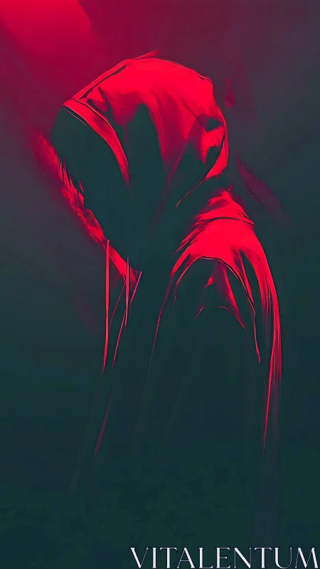 Neon hooded phantom bending into the digital twilight hush.