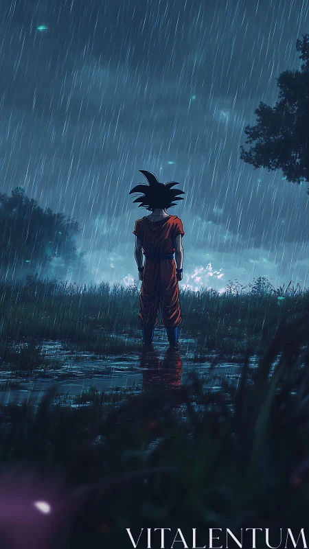 Lone warrior stands in rainlit field facing distant glow