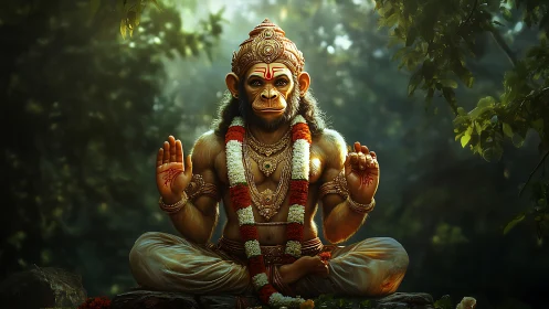 Divine monkey deity meditates in forest light haloed calm.