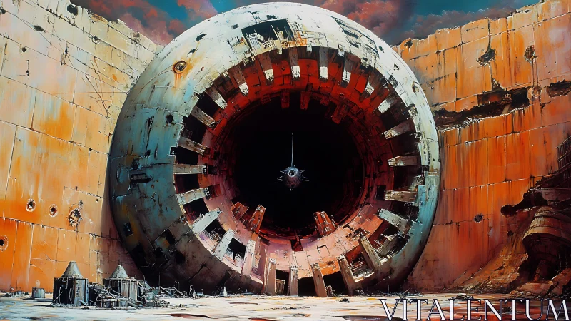 Derelict circular structure in rusted industrial wall.