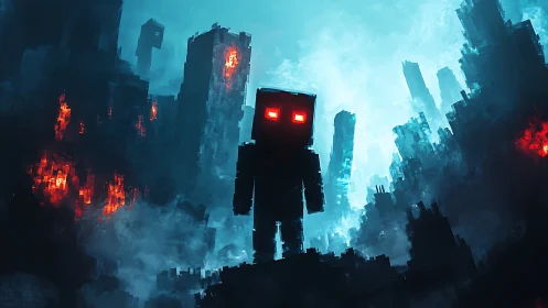 Pixel sentinel over neon-ruined cityscape at duskfall.