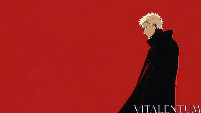 Solitary blond anime figure stands against stark red field