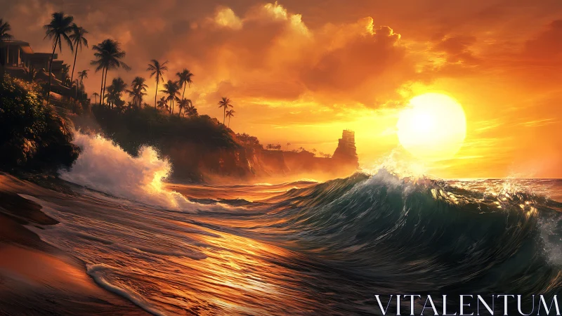 Radiant tropical shoreline captures dynamic waves at sunset