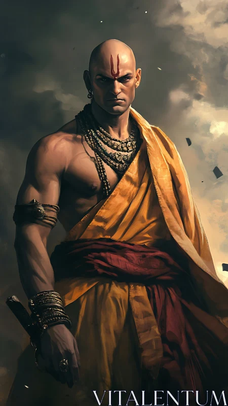 Storm-lit warrior sage in saffron robes strides from dusk.