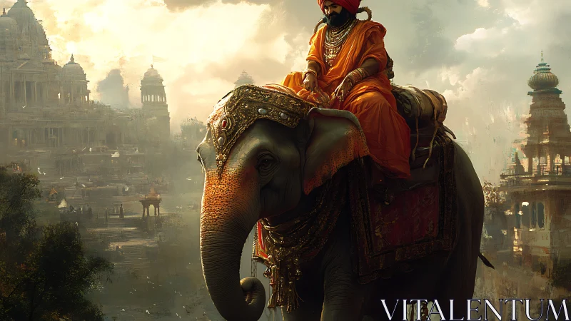 Sunlit monarch rides jeweled elephant through misty temples