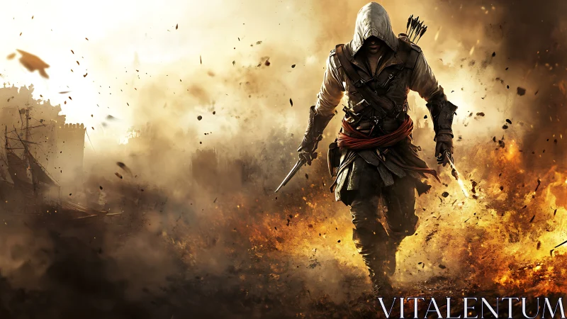 Hooded rogue strides through firestorms of shrapnel and smoke