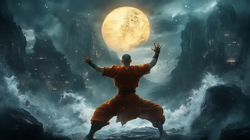 Monk in orange robe stands before full moon amid storm waves