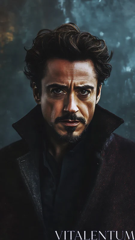 Moody male portrait with dramatic coat and stormy backdrop.