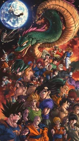 Vertical anime ensemble poster layers heroes under cosmic dragon