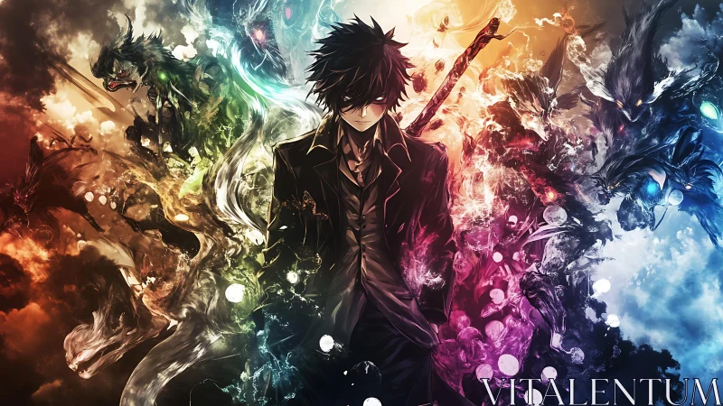 Dark mage stands amid elemental spirits in swirling chaos