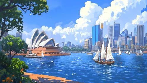 Sydney Harbour cityscape with Opera House and sailboats.
