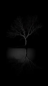 Bare deciduous tree with mirrored root reflection on black field