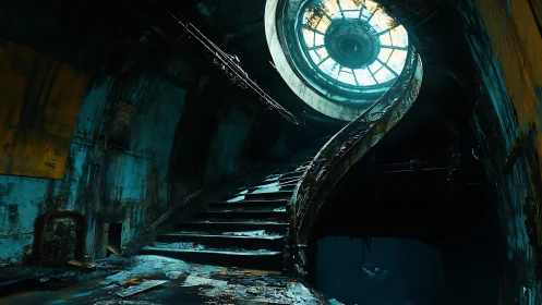 Decayed spiral staircase climbs toward a shattered skylight.