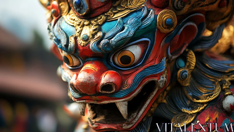 Polychrome guardian lion mask captured with shallow depth of field