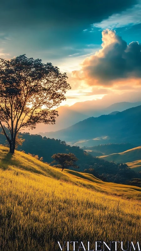 Sunlit hillside meadow with layered mountains and volumetric clouds