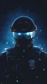 Futuristic tactical soldier in glowing blue visor stormlight.