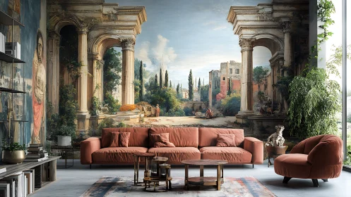 Contemporary lounge with neoclassical ruin mural and terracotta seating.